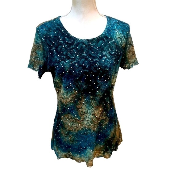 Brittany Black short sleeve stretch lace top ombre beaded sparkles lined medium - Picture 1 of 10